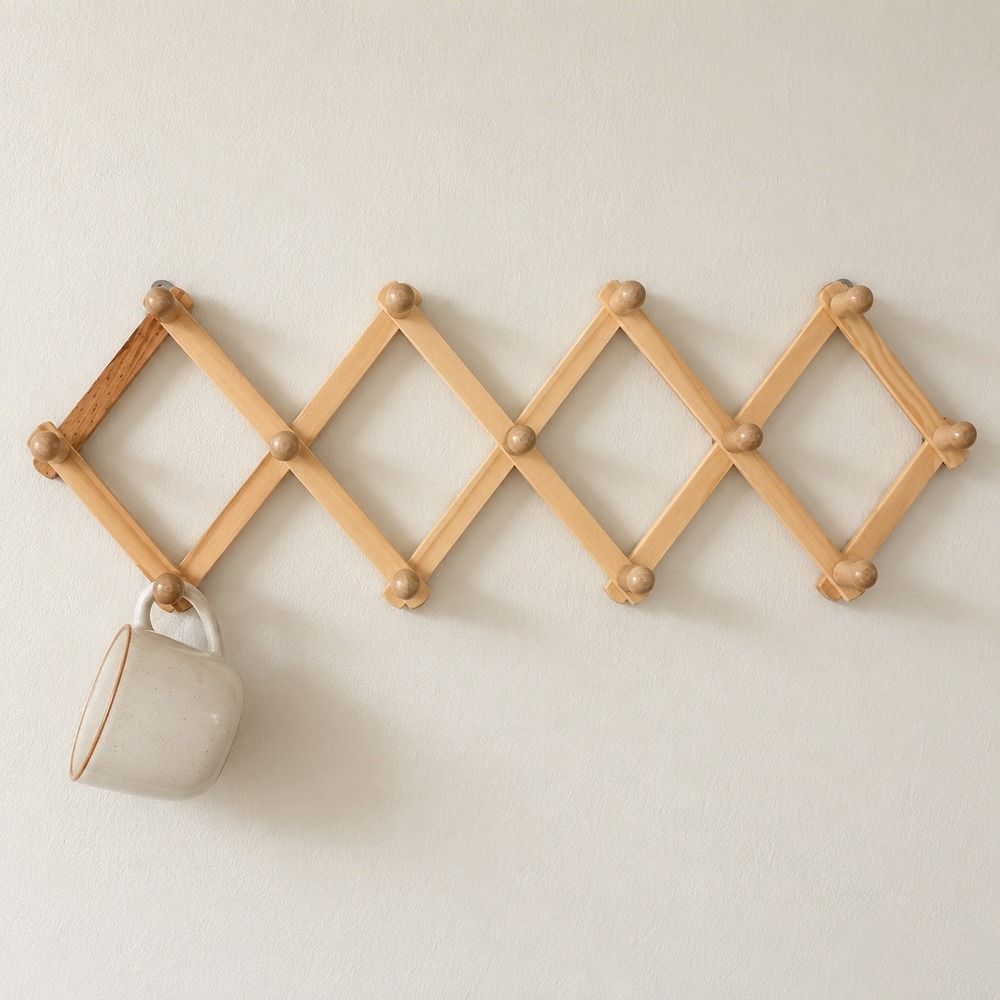 Vintage Wooden Accordion Peg Rack Coat Hat Mug Hanger Expandable Wall Storage
